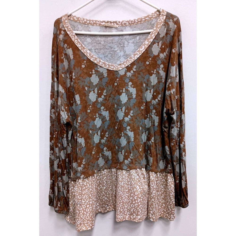 Oddi BOHO Tunic Top Womens 1X Brown Floral Leopard Print Peplum Long Sleeve